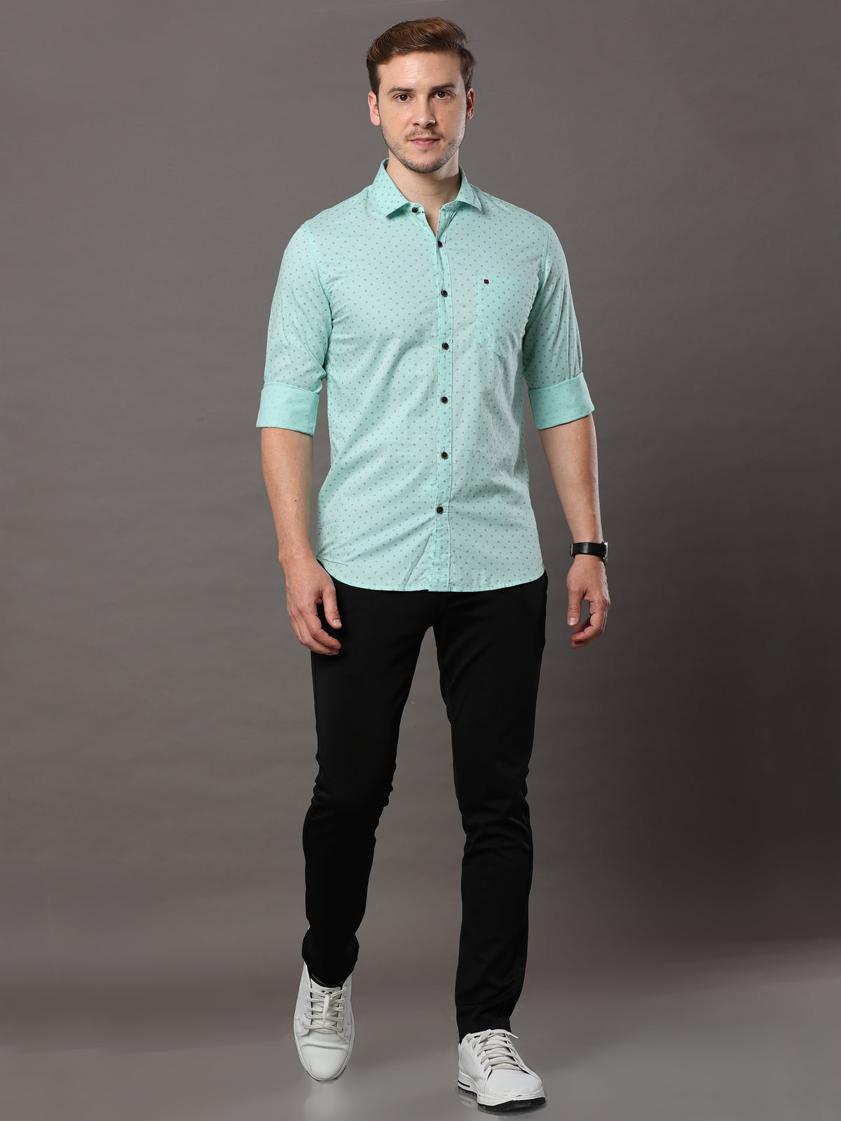 Men's Aqua Blue Slim Fit Printed Full Sleeves Casual Shirts