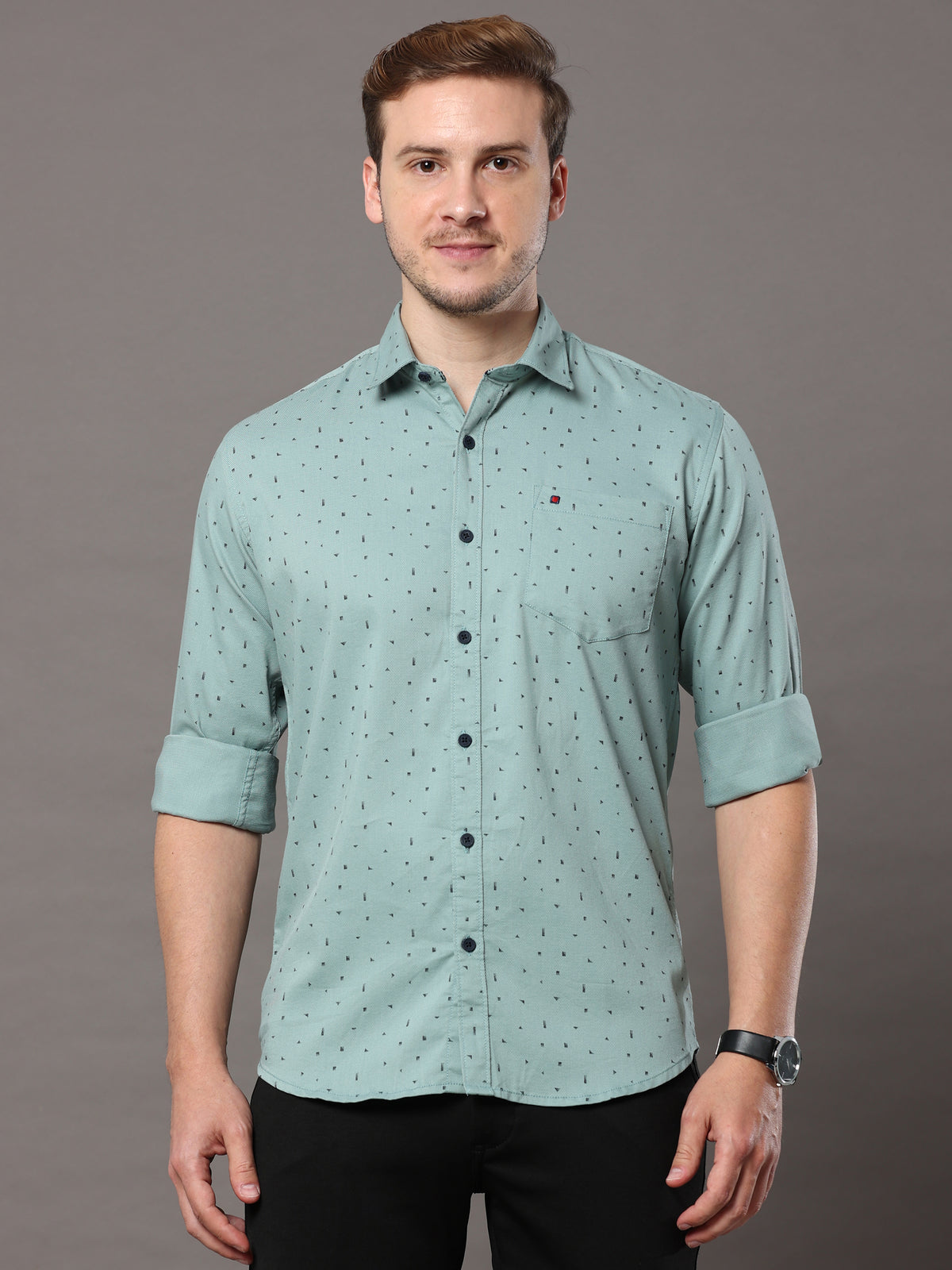 Men's Light Green Slim Fit Printed Full Sleeves Casual Shirts