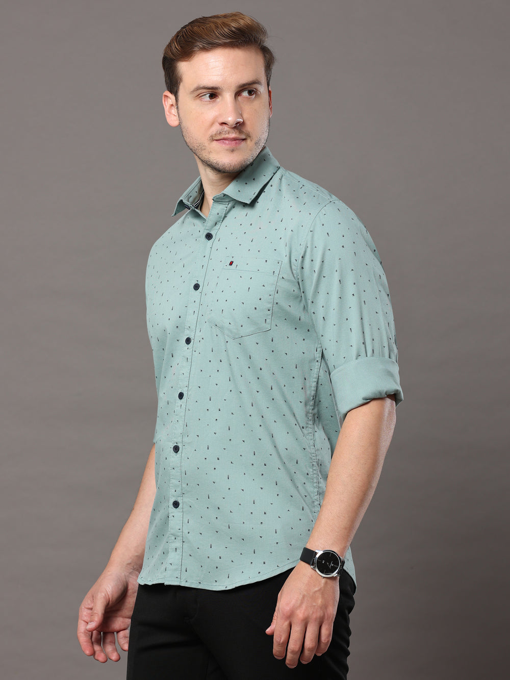 Men's Light Green Slim Fit Printed Full Sleeves Casual Shirts