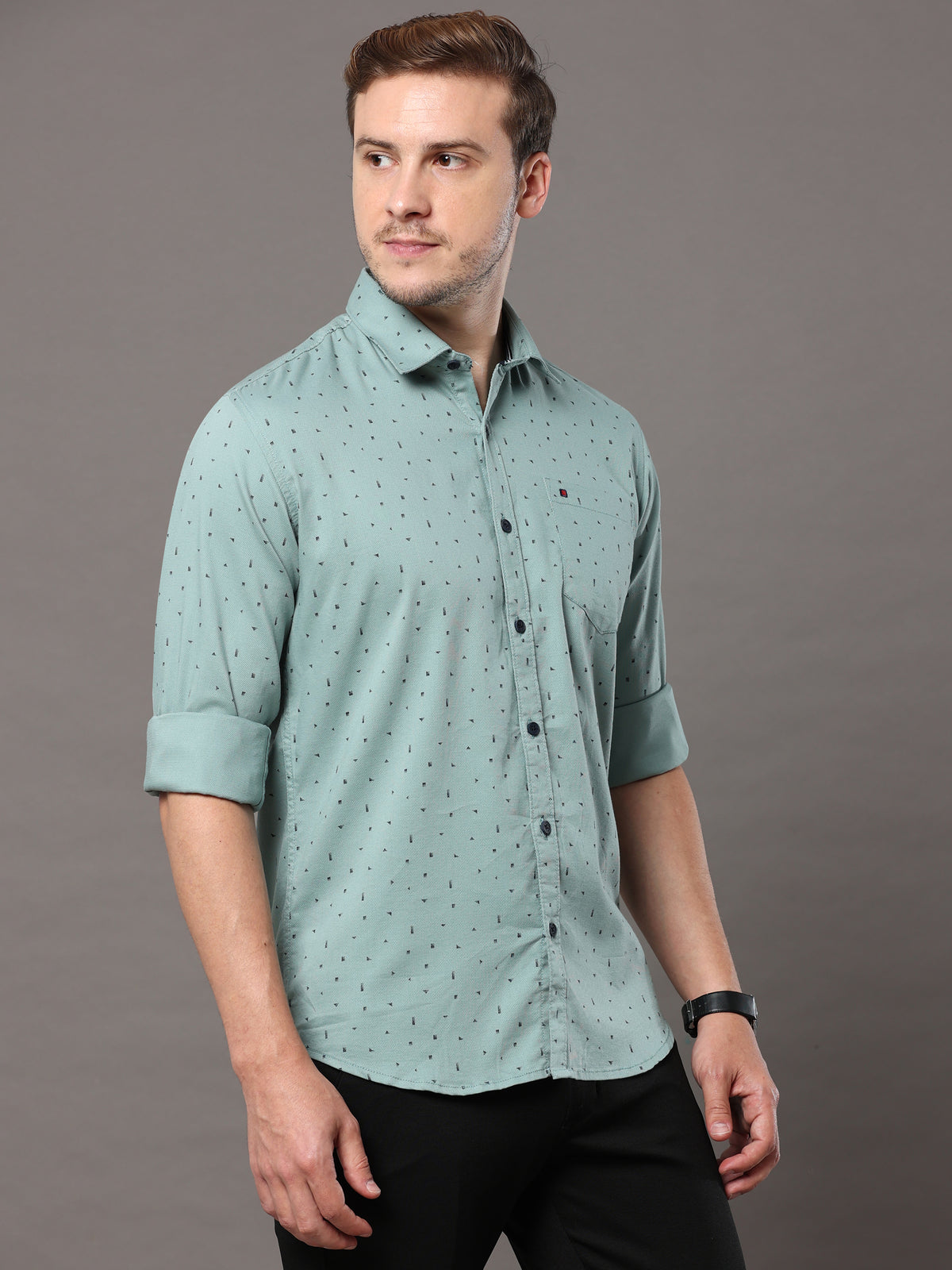 Men's Light Green Slim Fit Printed Full Sleeves Casual Shirts