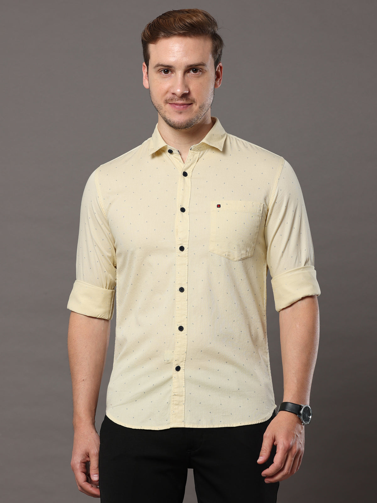 Men's Cream Slim Fit Printed Full Sleeves Casual Shirts