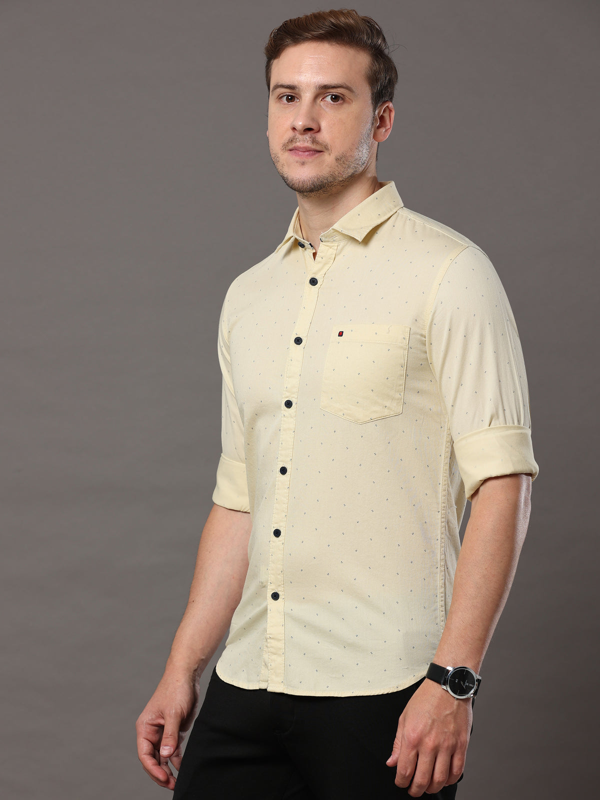 Men's Cream Slim Fit Printed Full Sleeves Casual Shirts