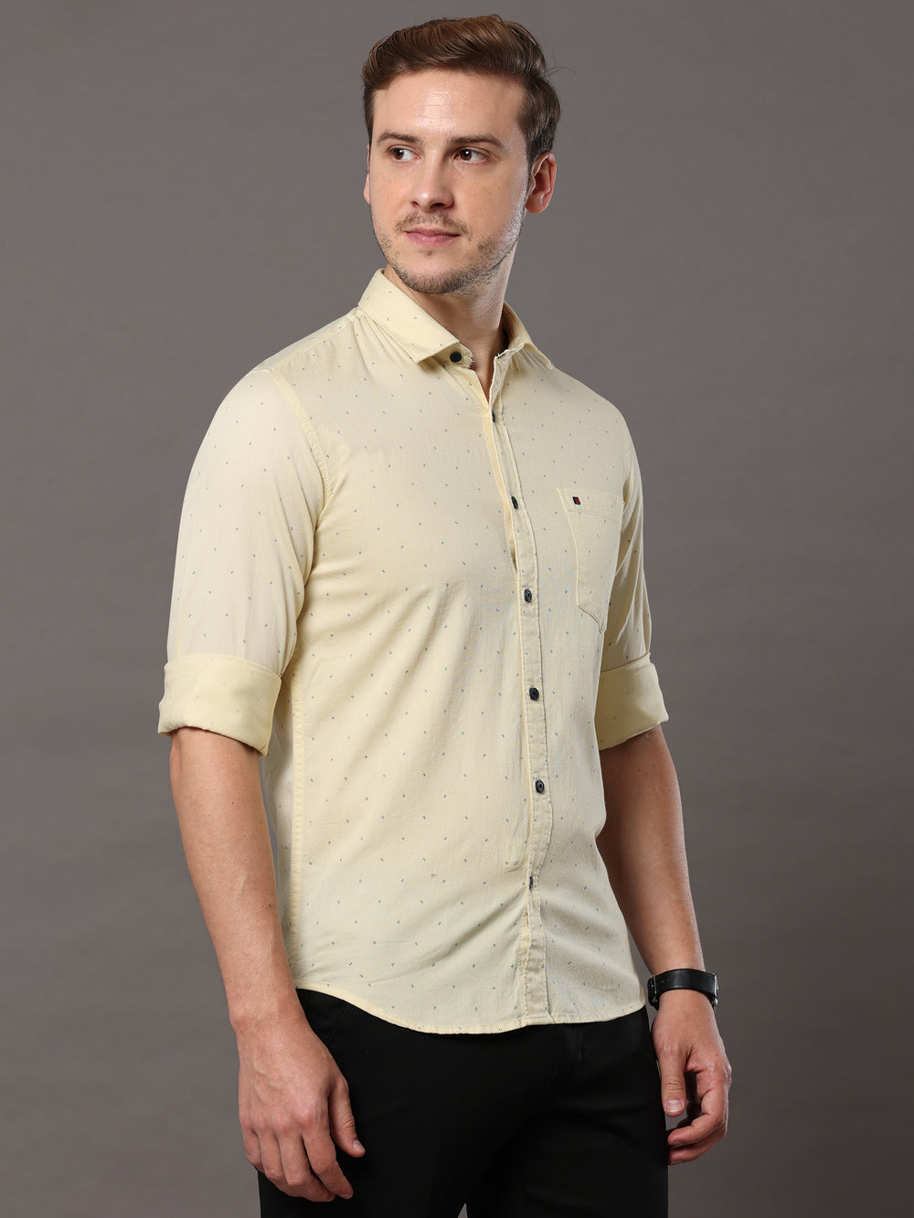 Men's Cream Slim Fit Printed Full Sleeves Casual Shirts