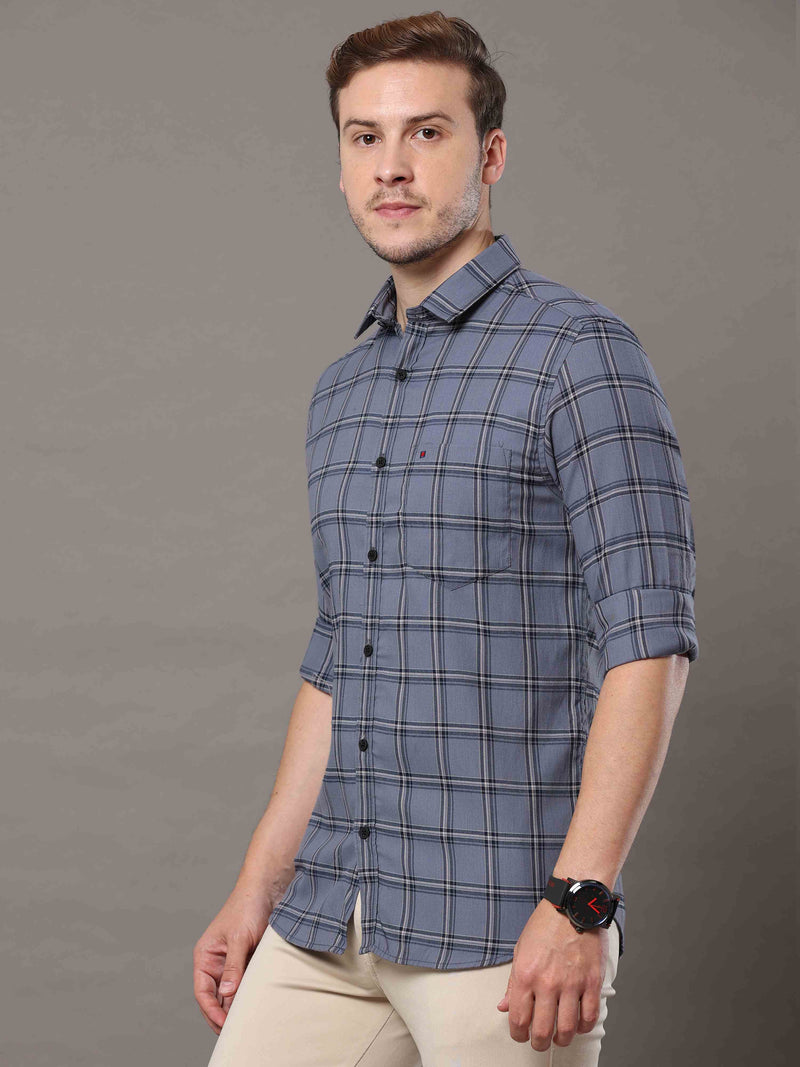 Shop Men's Grey Slim Fit Cotton Casual Checks Shirt Online.