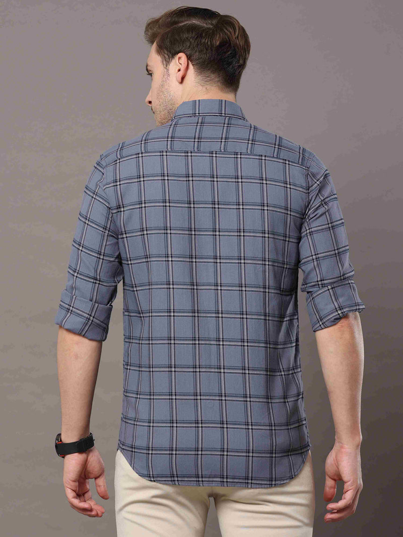 Shop Men's Grey Slim Fit Cotton Casual Checks Shirt Online.