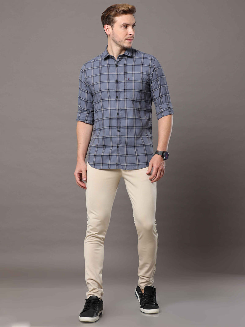 Shop Men's Grey Slim Fit Cotton Casual Checks Shirt Online.