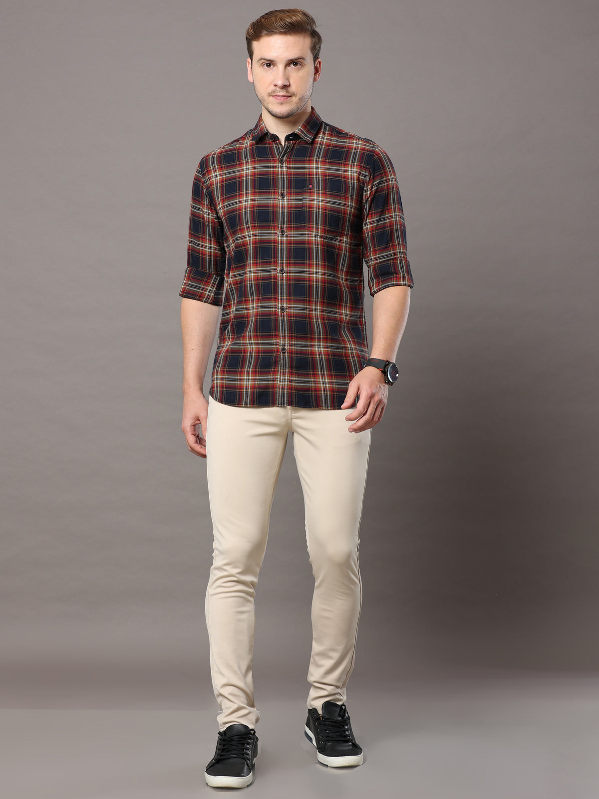 Men's Brown Slim Fit Checks Full Sleeves Casual Shirts