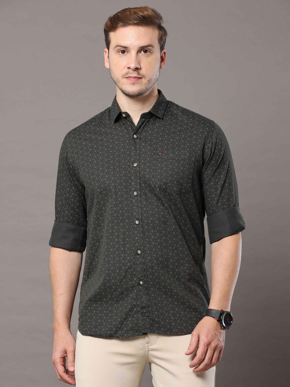 Men's Dark Green Slim Fit Printed Full Sleeves Casual Shirts