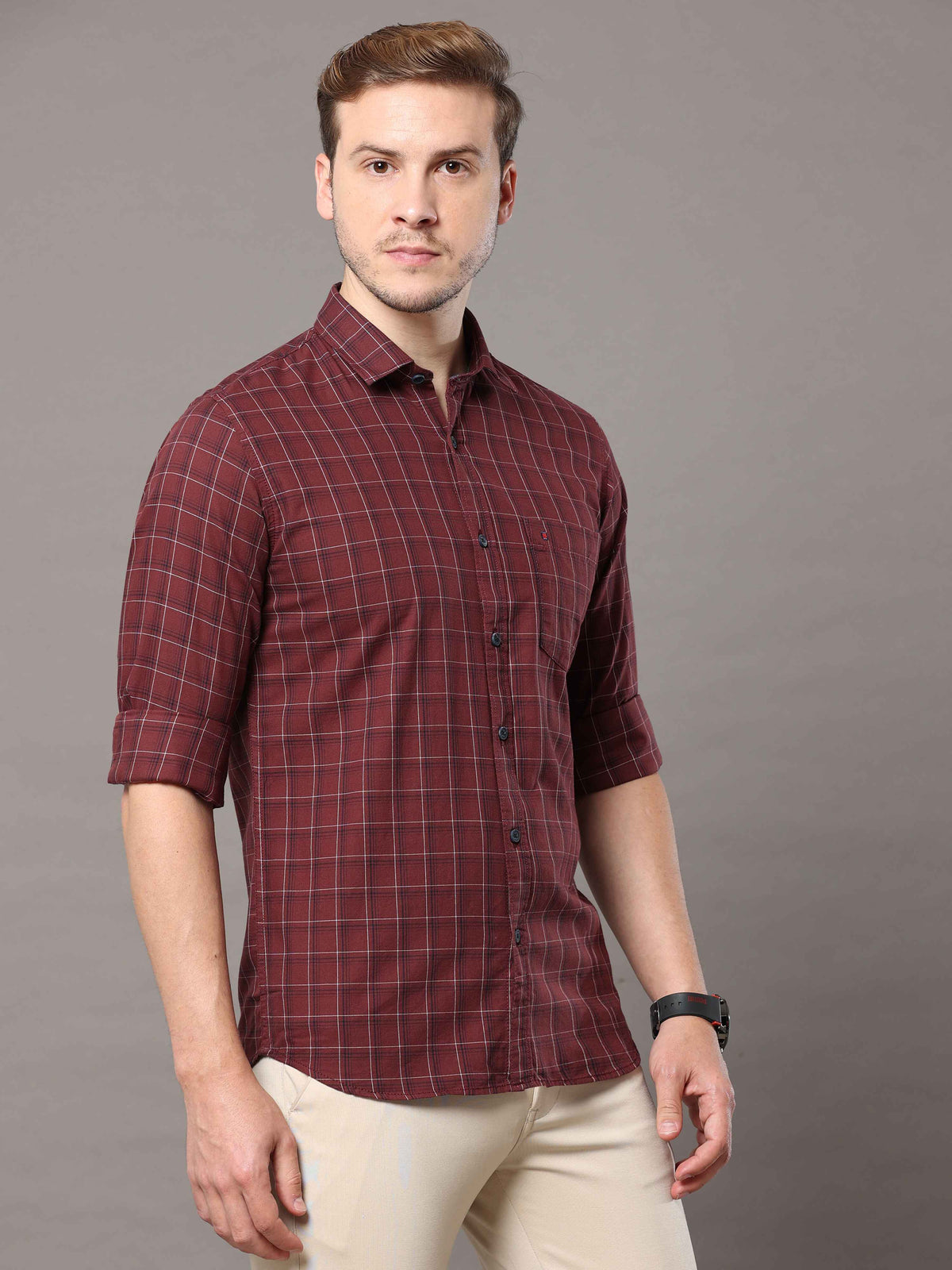 Shop Men's Brown Slim Fit Cotton Casual Checks Shirt Online.