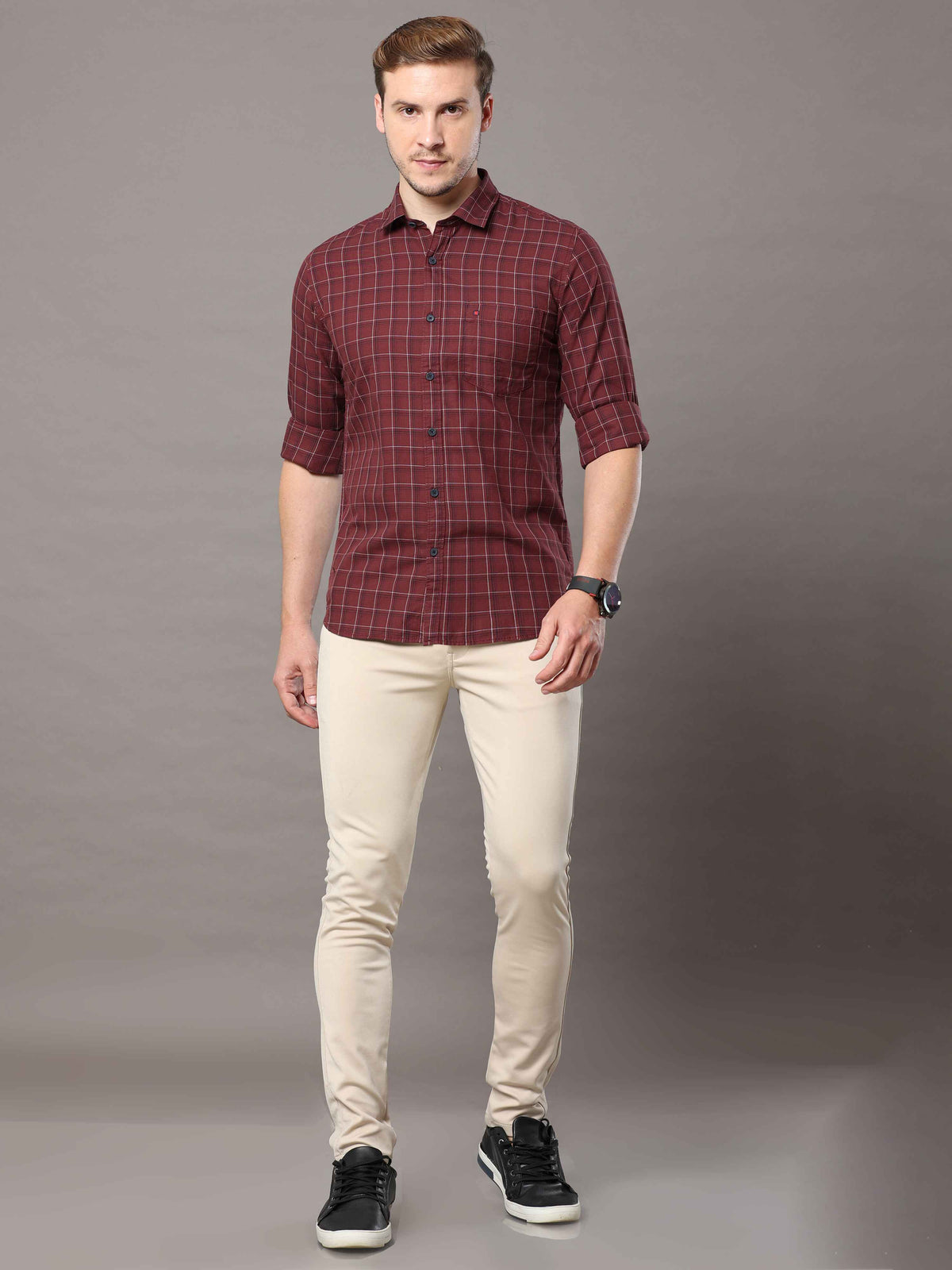 Shop Men's Brown Slim Fit Cotton Casual Checks Shirt Online.