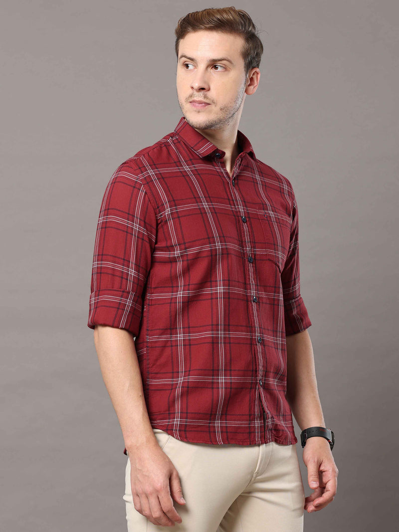 Shop Men's Maroon Slim Fit Cotton Casual Checks Shirt Online.