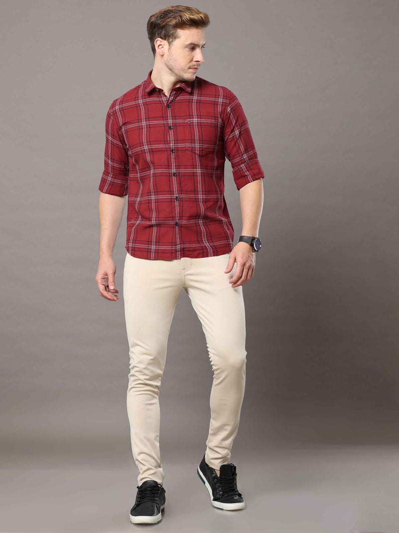 Shop Men's Maroon Slim Fit Cotton Casual Checks Shirt Online.