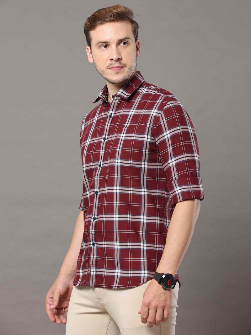 Shop Men's Maroon Slim Fit Cotton Casual Checks Shirt Online.