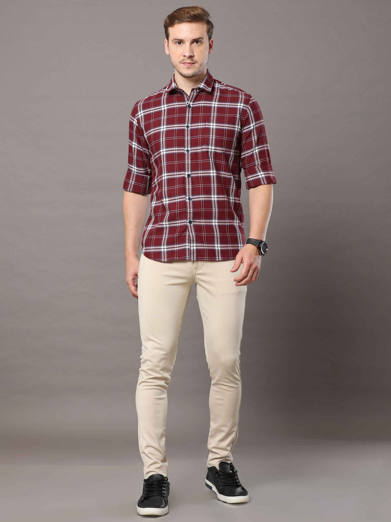 Shop Men's Maroon Slim Fit Cotton Casual Checks Shirt Online.