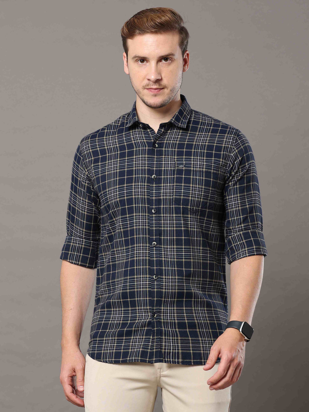 Men's Navy Slim Fit Checks Full Sleeves Casual Shirts