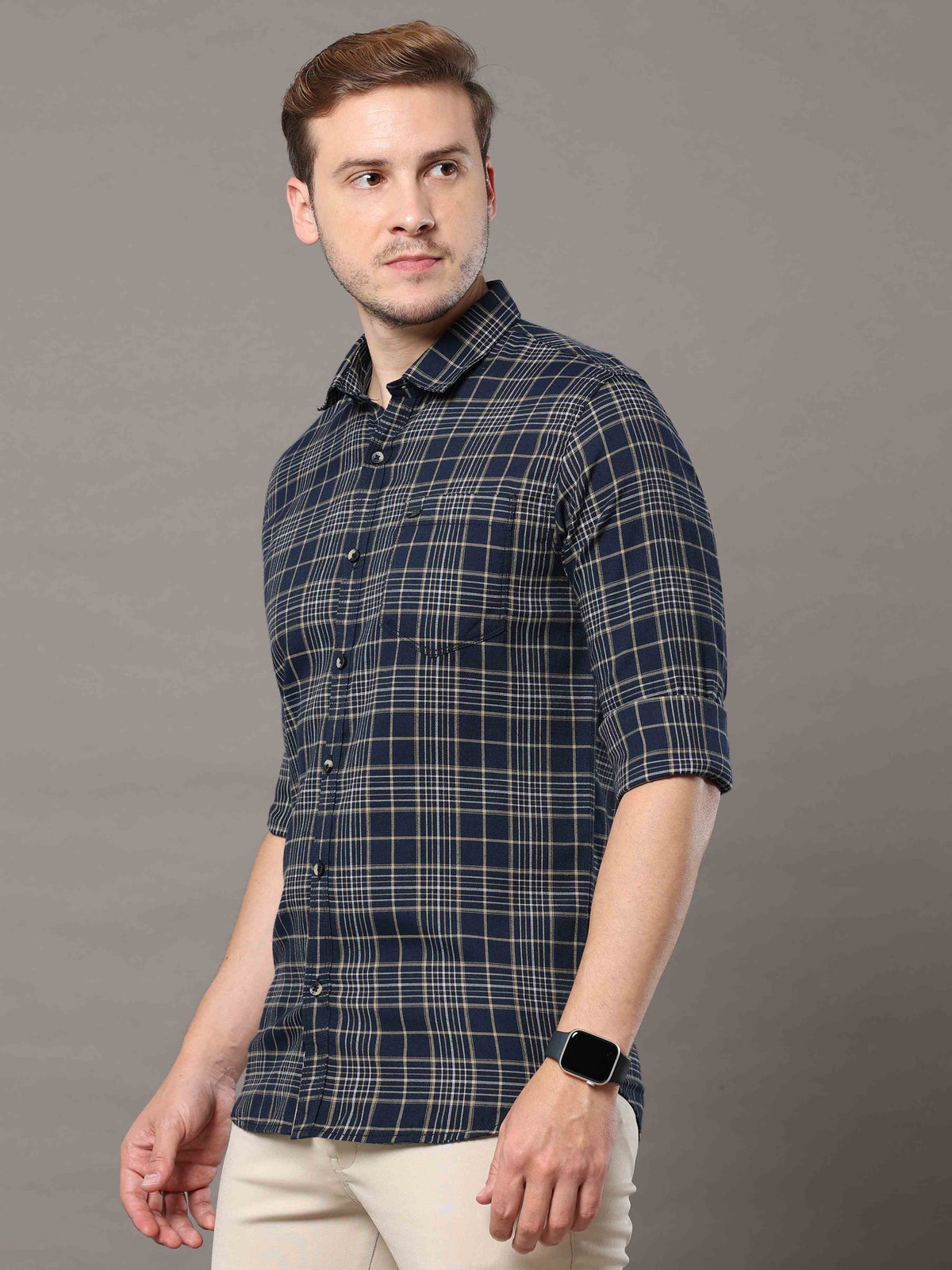 Men's Navy Slim Fit Checks Full Sleeves Casual Shirts