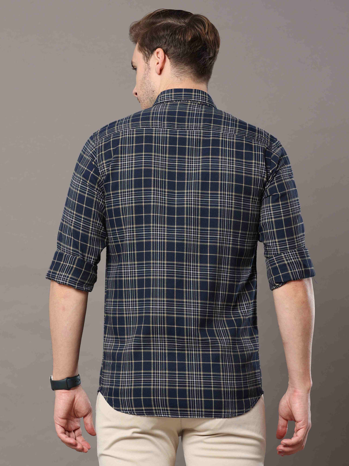 Men's Navy Slim Fit Checks Full Sleeves Casual Shirts
