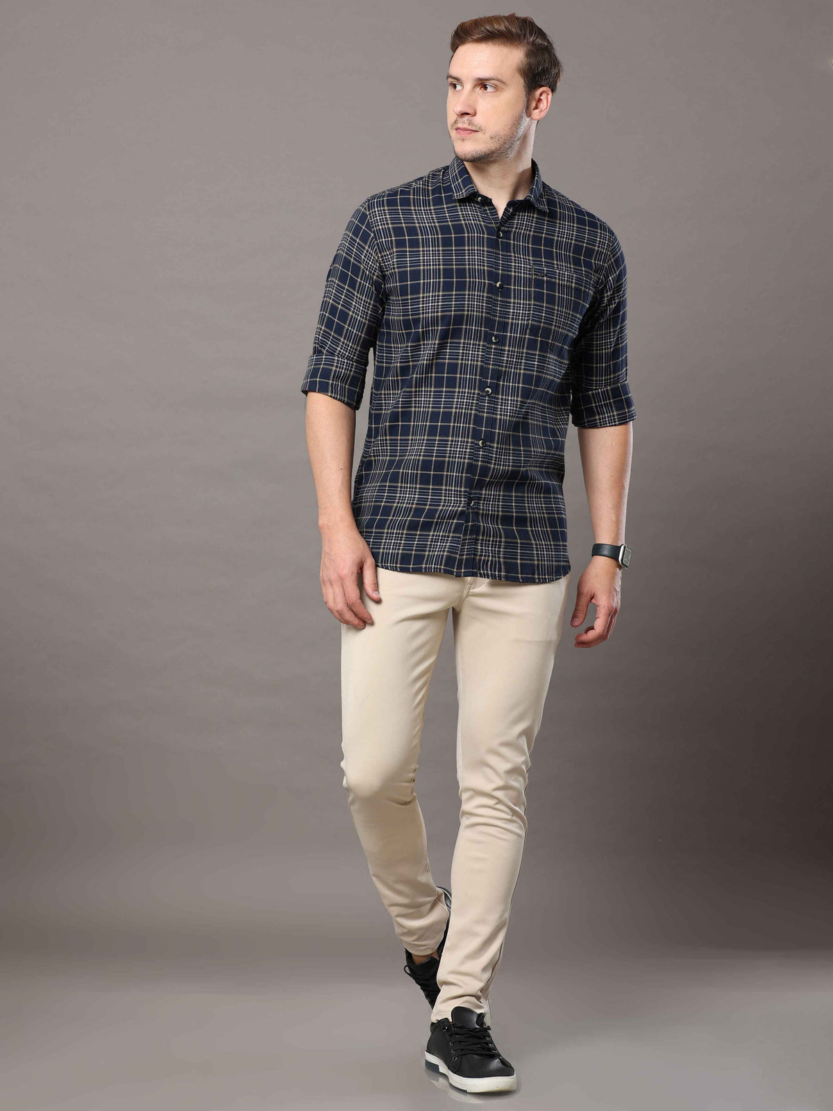 Men's Navy Slim Fit Checks Full Sleeves Casual Shirts