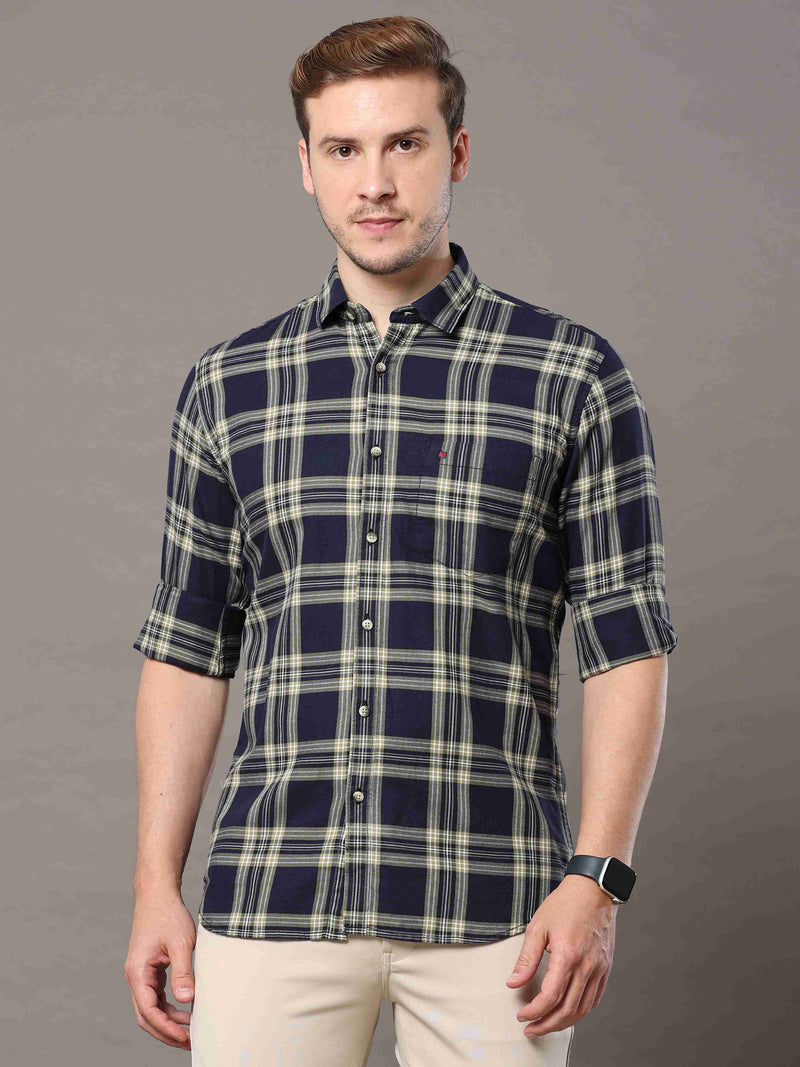 Shop Men's Navy Slim Fit Cotton Casual Checks Shirt Online.