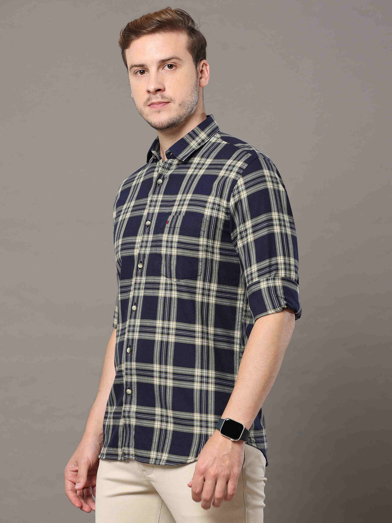 Shop Men's Navy Slim Fit Cotton Casual Checks Shirt Online.