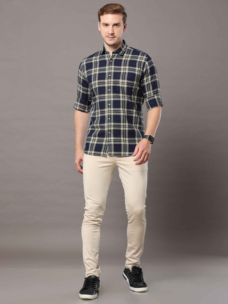 Shop Men's Navy Slim Fit Cotton Casual Checks Shirt Online.