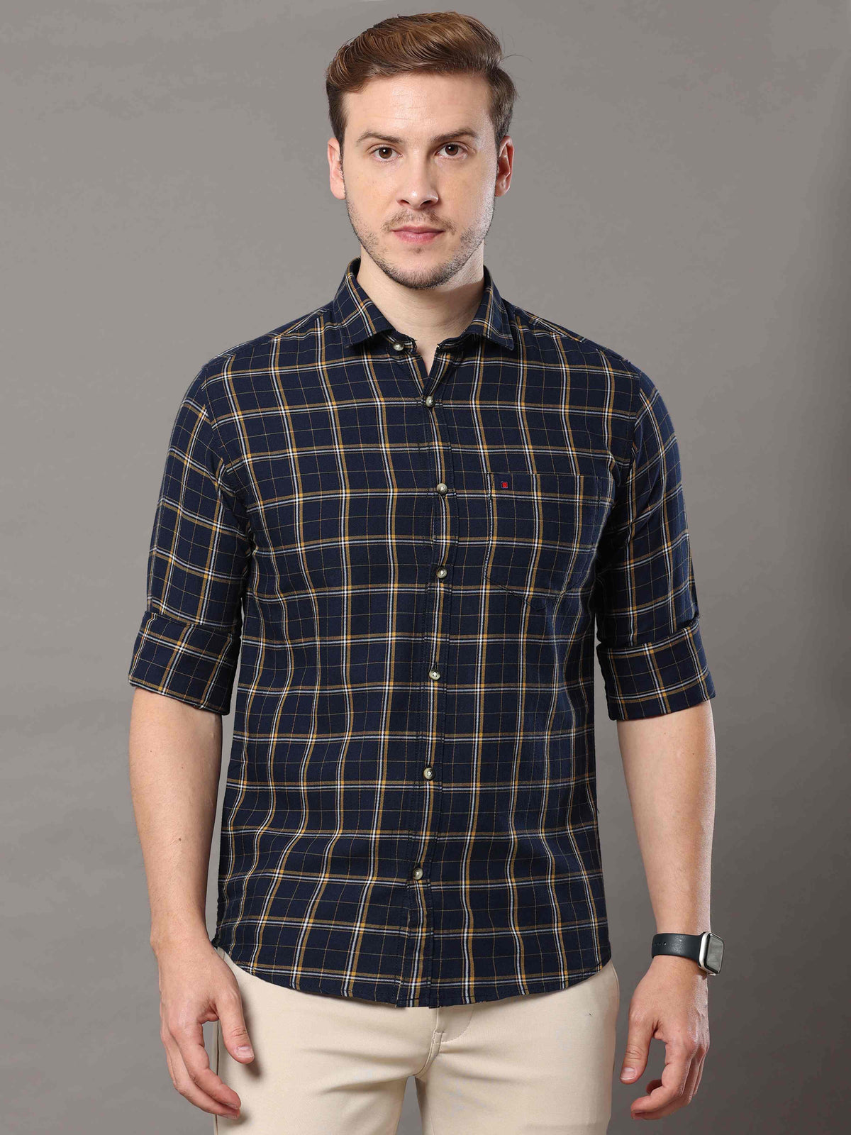 Shop Men's Navy Slim Fit Cotton Casual Checks Shirt Online.