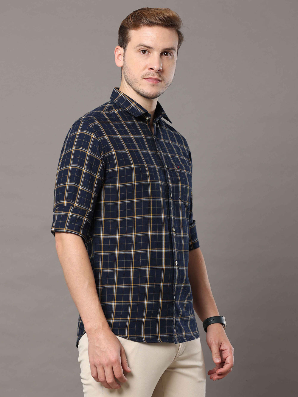 Men's Navy Slim Fit Checks Full Sleeves Casual Shirts
