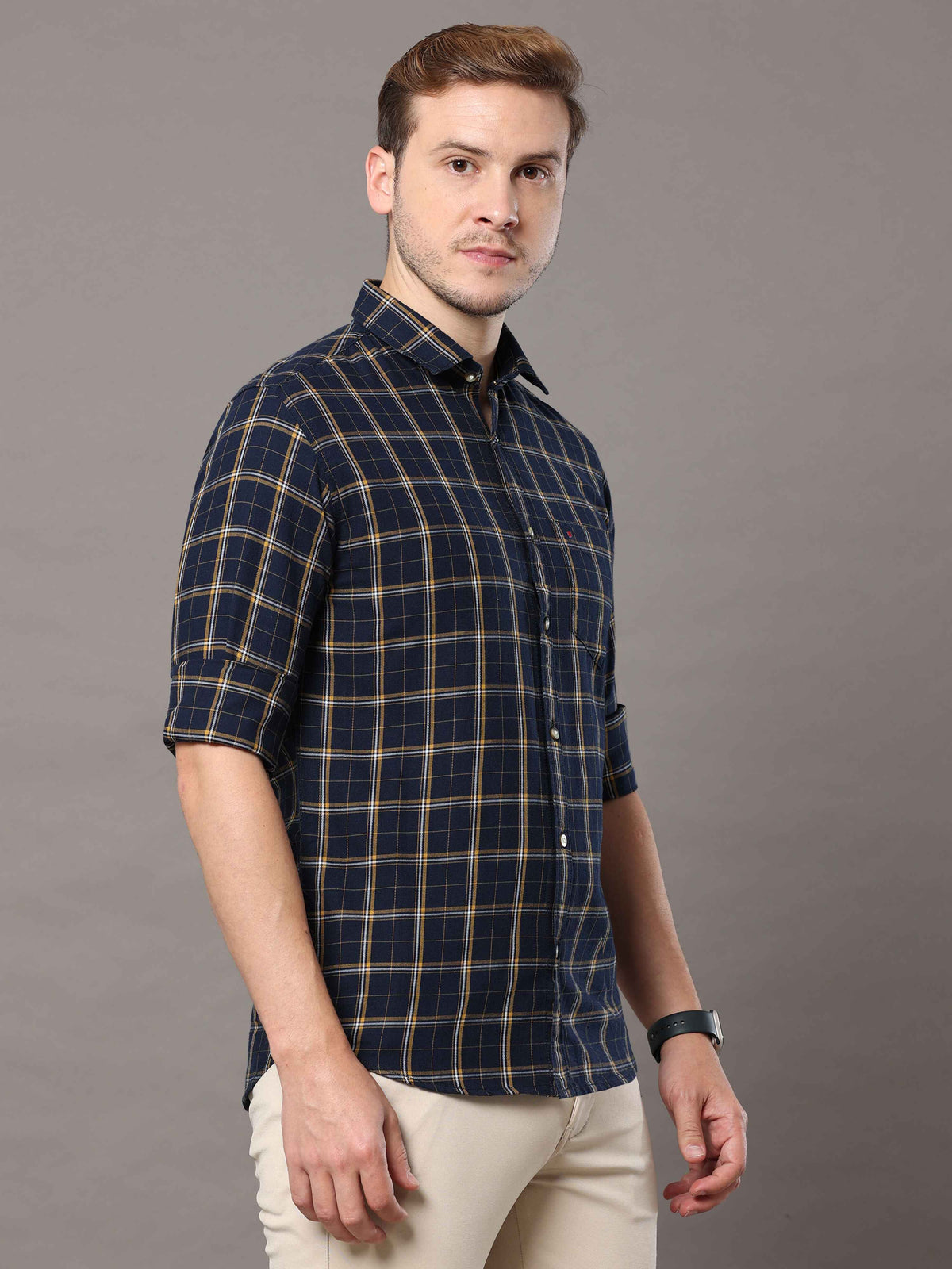 Men's Navy Slim Fit Checks Full Sleeves Casual Shirts