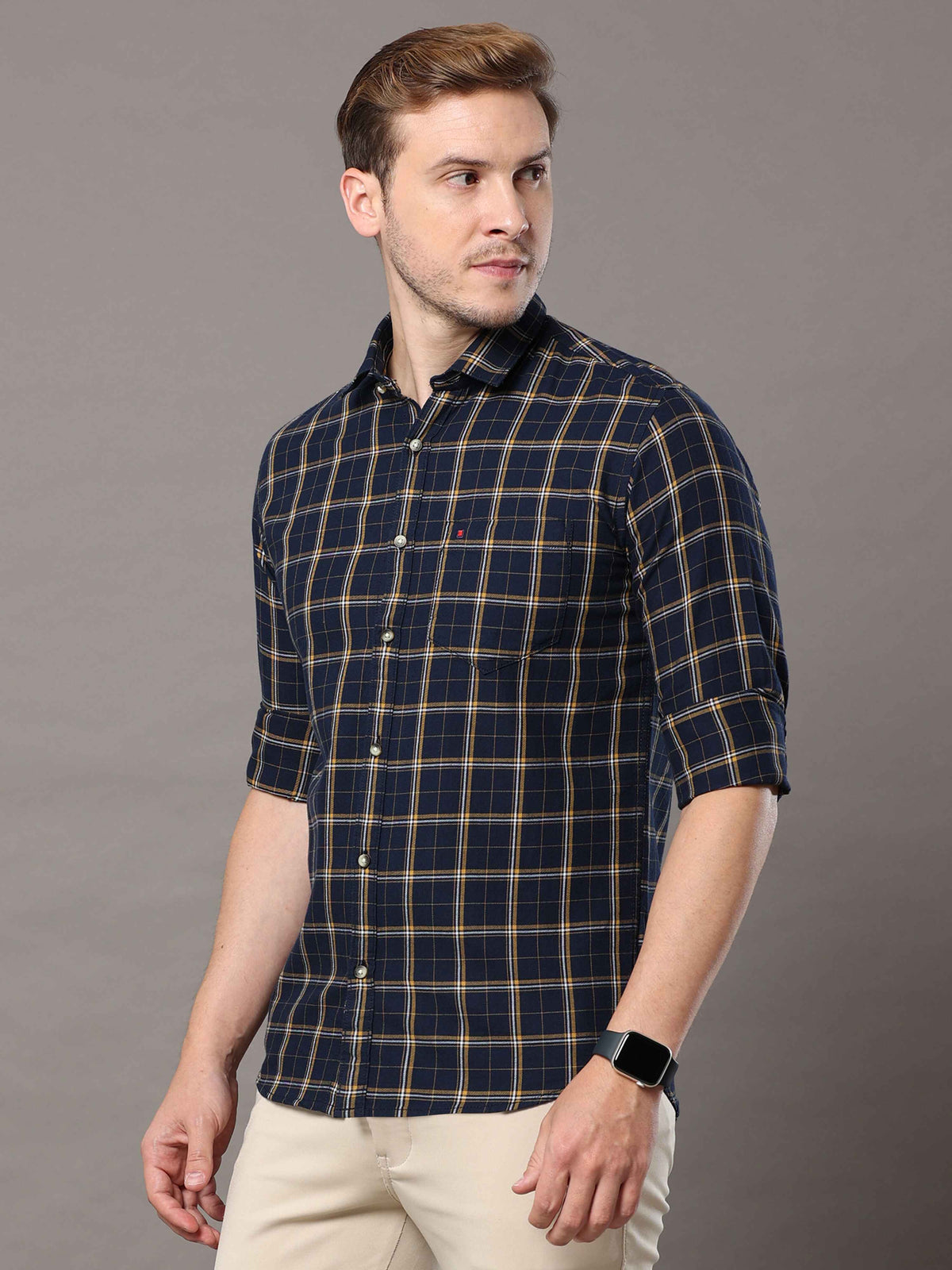 Men's Navy Slim Fit Checks Full Sleeves Casual Shirts