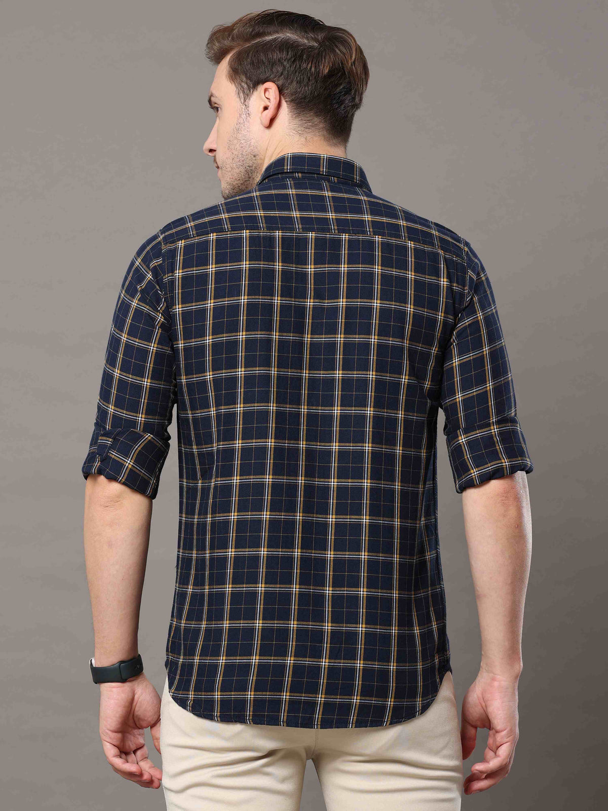 Men's Navy Slim Fit Checks Full Sleeves Casual Shirts