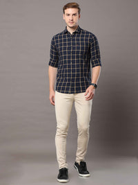 Men's Navy Slim Fit Checks Full Sleeves Casual Shirts