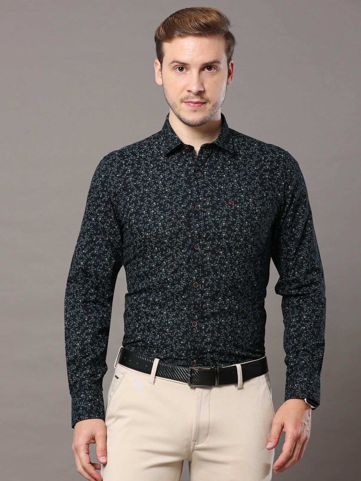 Shop Men's Navy Slim Fit Cotton Casual Printed Shirt Online.