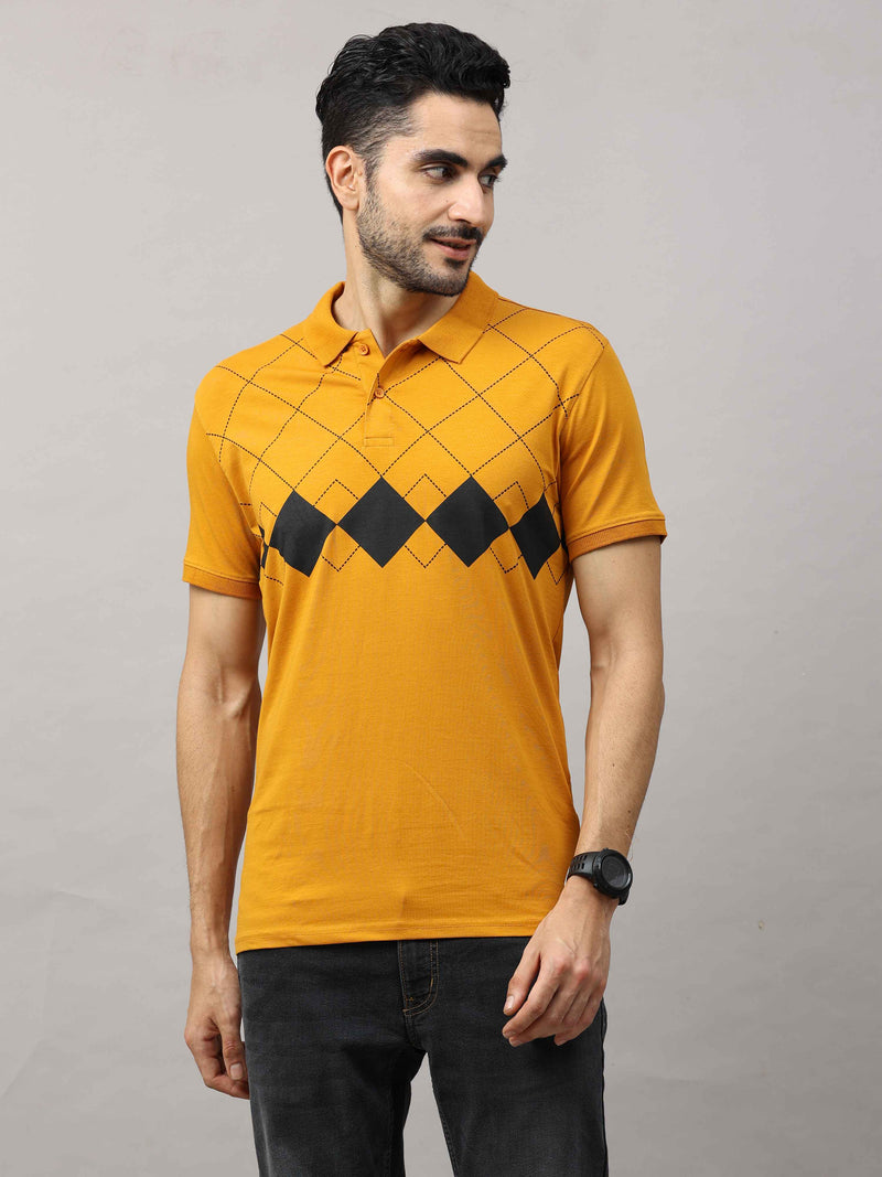 Shop Men's Mustard Regular Fit Printed Half Sleeves Polo T-Shirt Online.