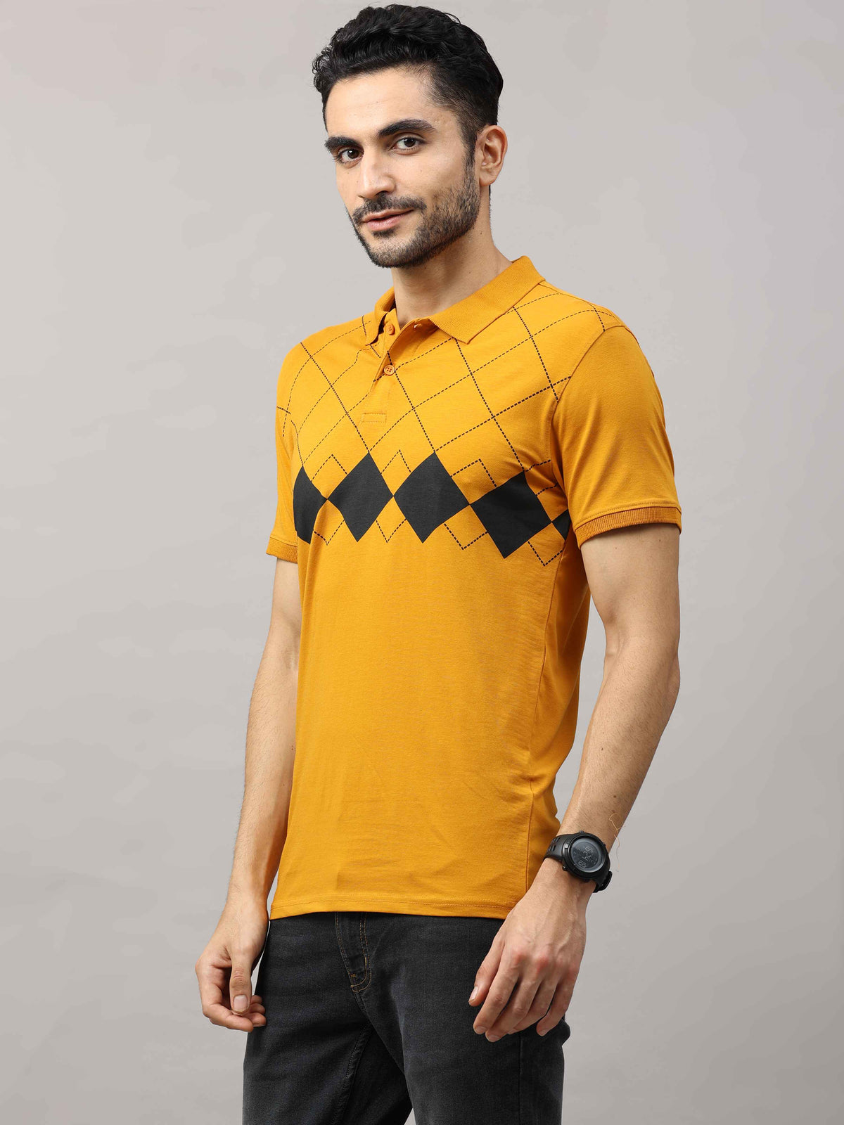 Shop Men's Mustard Regular Fit Printed Half Sleeves Polo T-Shirt Online.