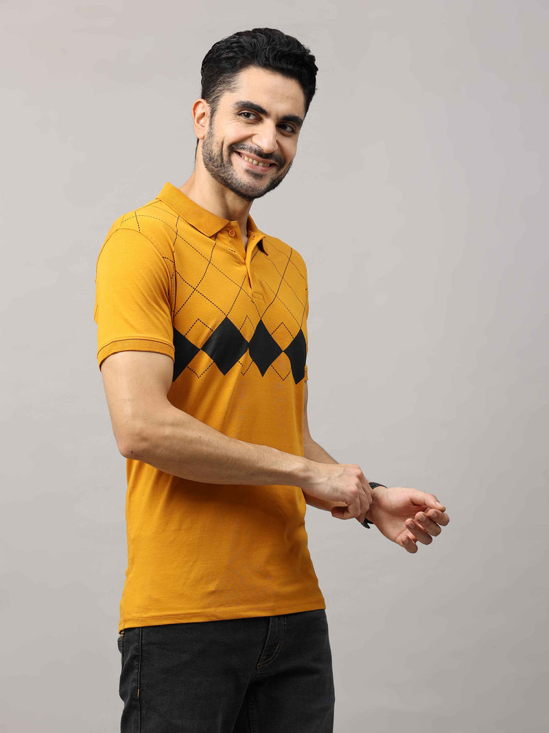 Shop Men's Mustard Regular Fit Printed Half Sleeves Polo T-Shirt Online.