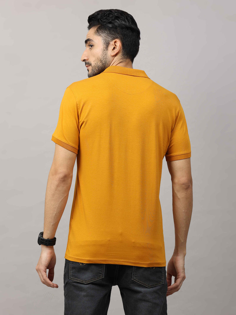 Shop Men's Mustard Regular Fit Printed Half Sleeves Polo T-Shirt Online.