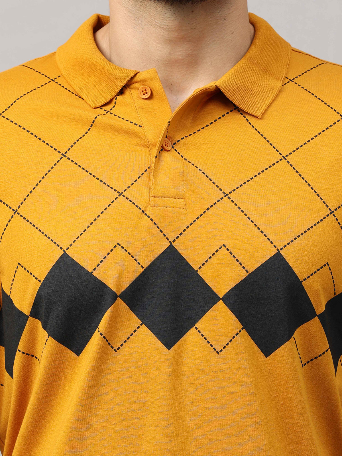 Shop Men's Mustard Regular Fit Printed Half Sleeves Polo T-Shirt Online.