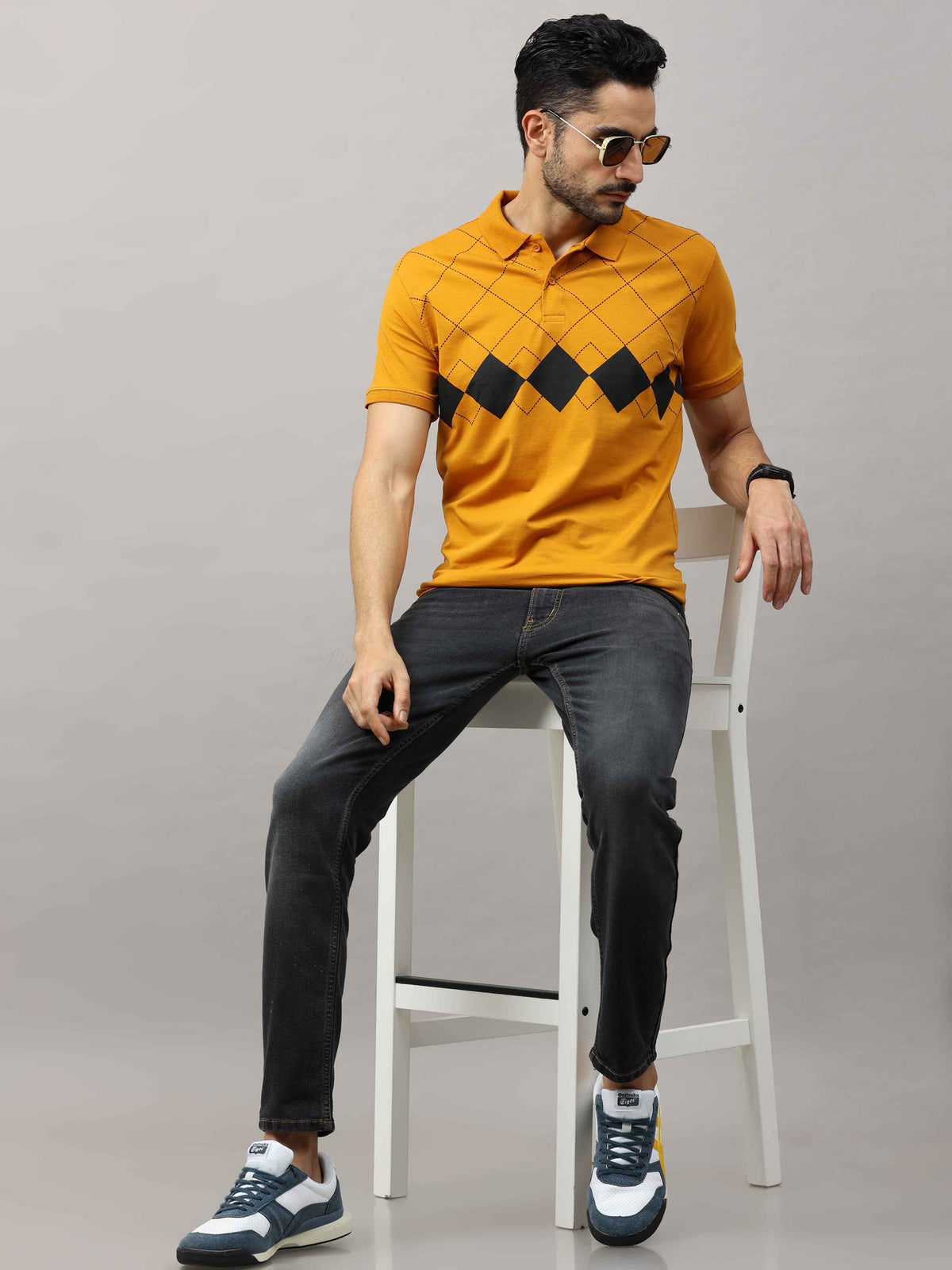 Shop Men's Mustard Regular Fit Printed Half Sleeves Polo T-Shirt Online.