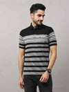 Men's Black Grey Regular Fit Stripes Half Sleeves Polo Neck T-Shirt
