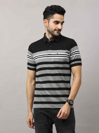 Men's Black Grey Regular Fit Stripes Half Sleeves Polo Neck T-Shirt