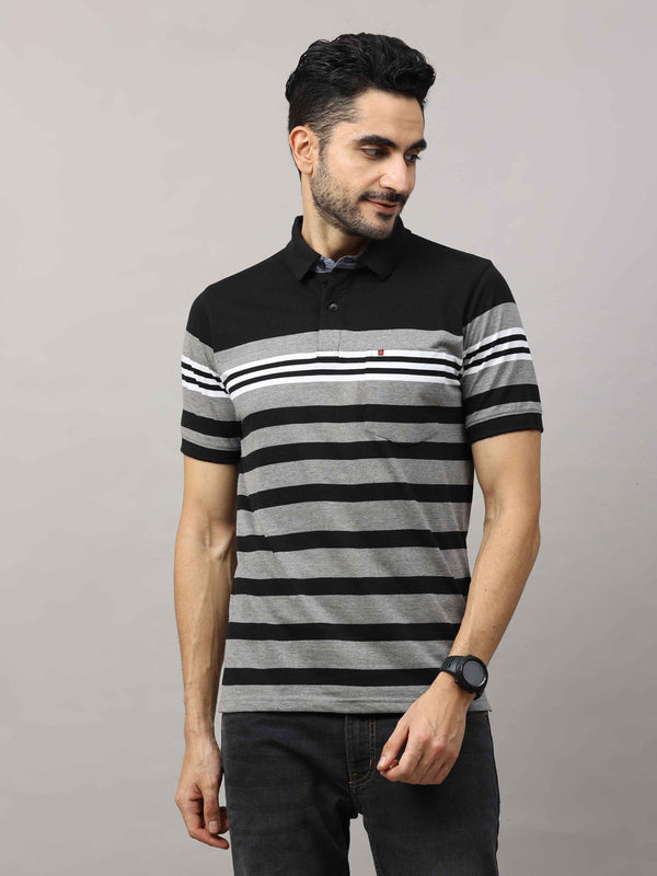 Men's Black Grey Regular Fit Stripes Half Sleeves Polo Neck T-Shirt