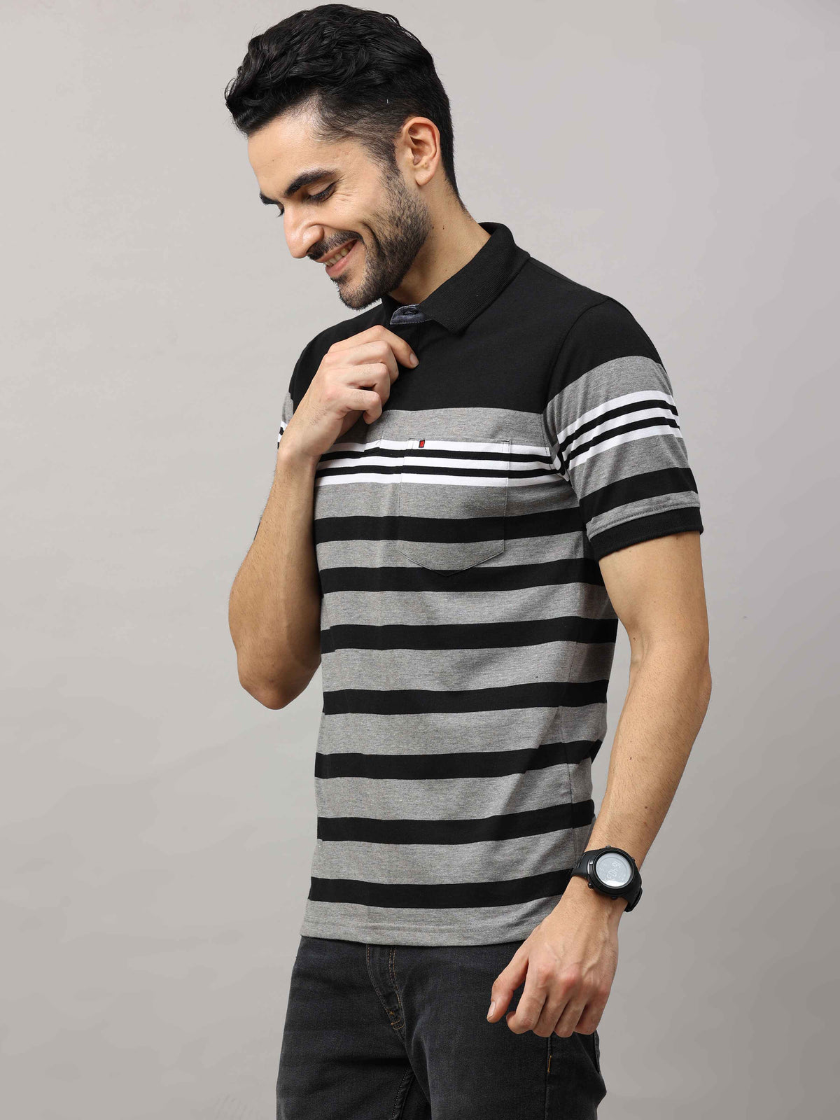 Shop Men's Black And Grey Regular Fit Half Sleeves Panel Polo T-Shirt Online.