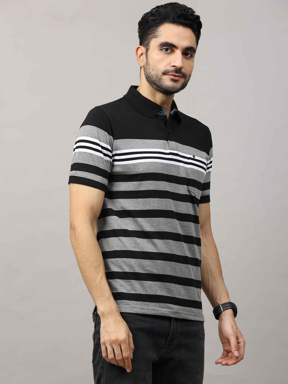 Men's Black Grey Regular Fit Stripes Half Sleeves Polo Neck T-Shirt