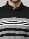 Men's Black Grey Regular Fit Stripes Half Sleeves Polo Neck T-Shirt