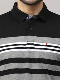 Men's Black Grey Regular Fit Stripes Half Sleeves Polo Neck T-Shirt