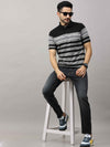 Men's Black Grey Regular Fit Stripes Half Sleeves Polo Neck T-Shirt