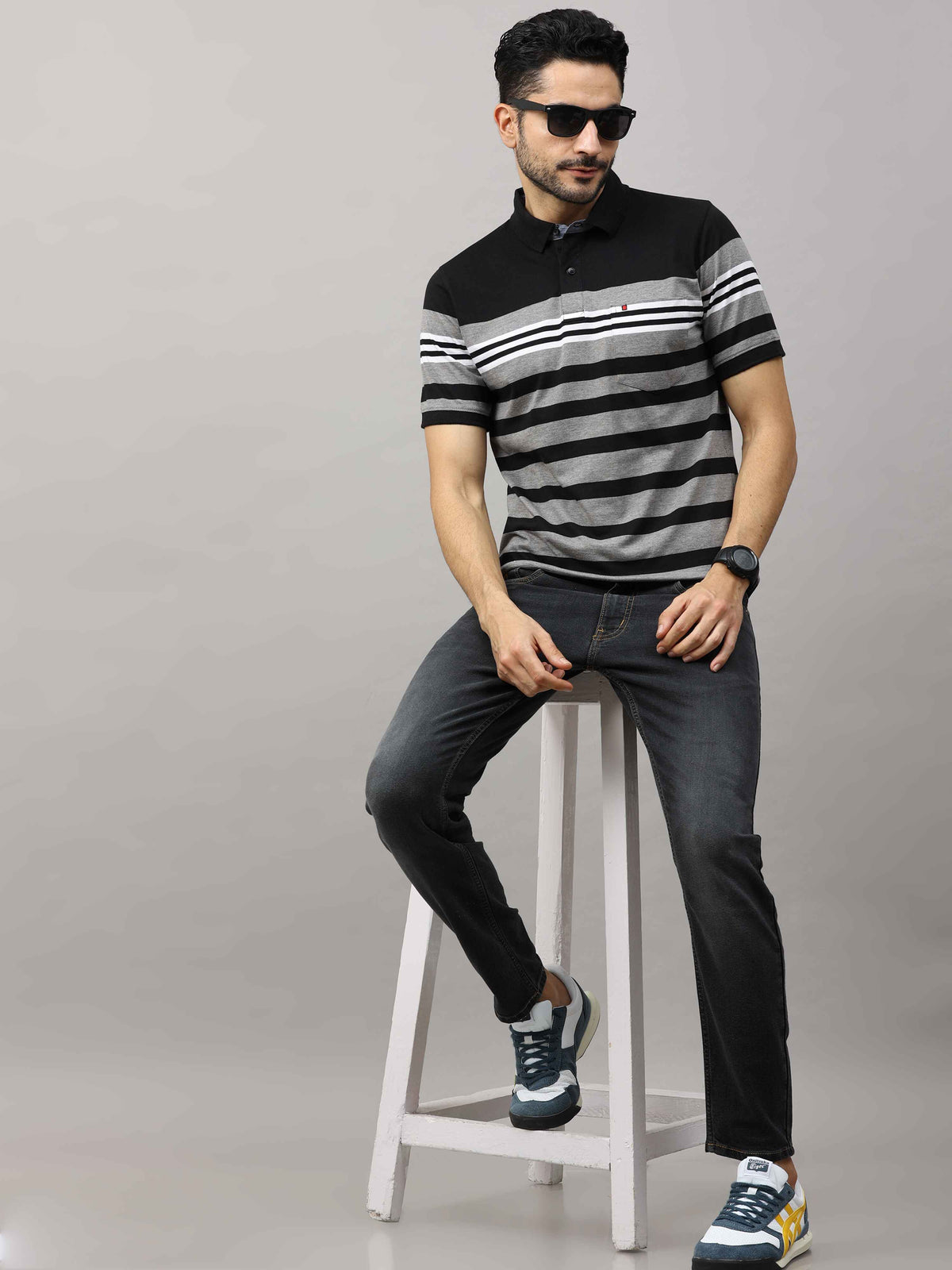 Men's Black Grey Regular Fit Stripes Half Sleeves Polo Neck T-Shirt