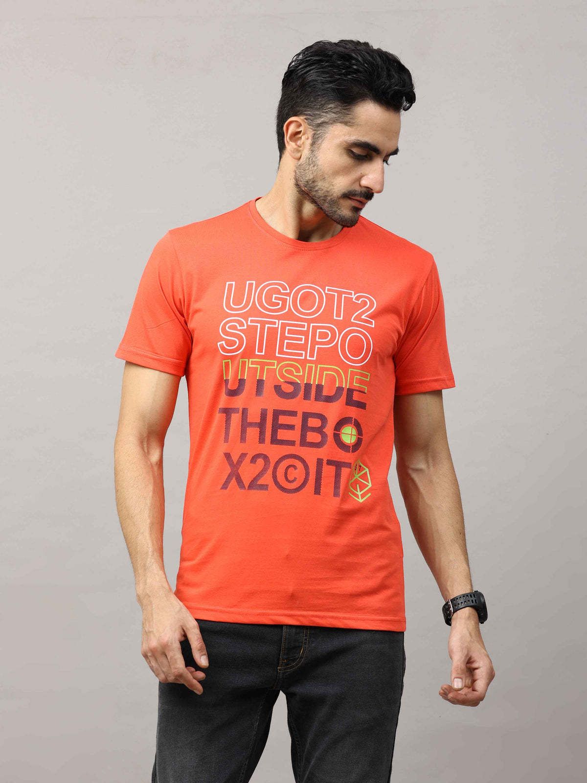 Shop Men's Orange Regular Fit Printed Half Sleeves Crew Neck T-Shirt Online.