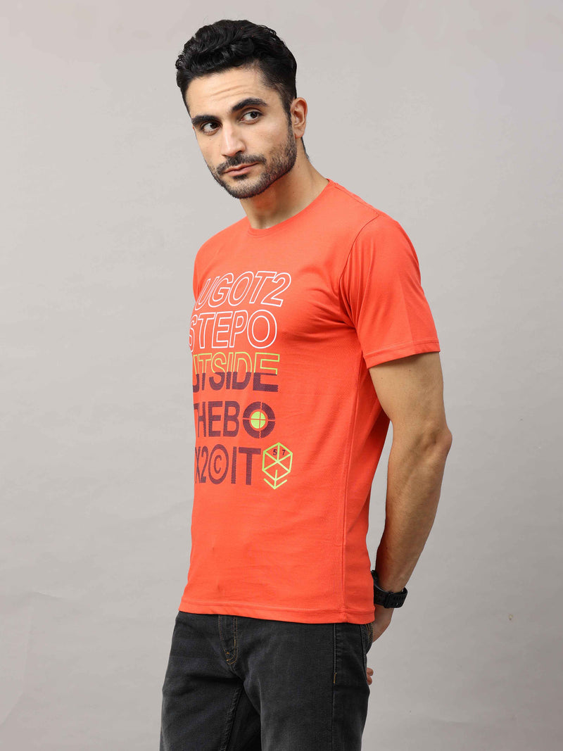 Shop Men's Orange Regular Fit Printed Half Sleeves Crew Neck T-Shirt Online.