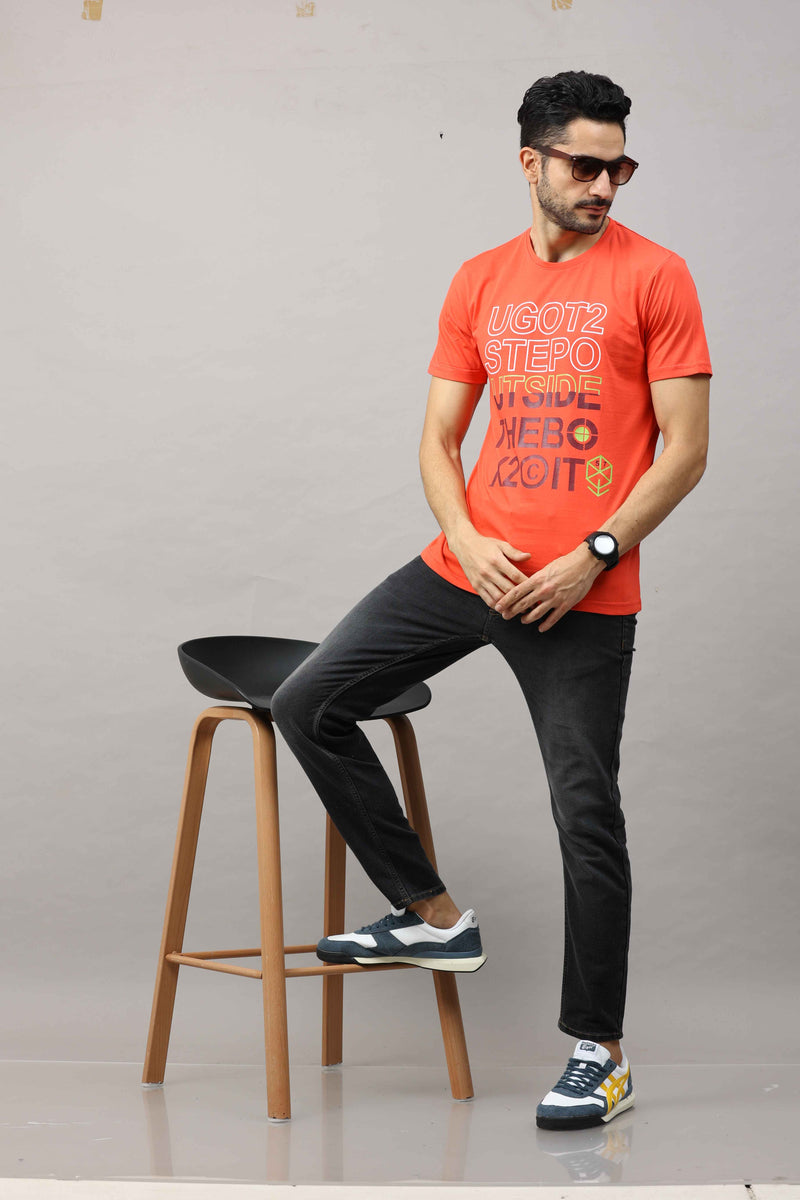 Shop Men's Orange Regular Fit Printed Half Sleeves Crew Neck T-Shirt Online.